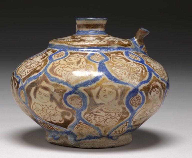 Kashan Globular Jug With Spout And Handle, Figures With Smiling Faces 