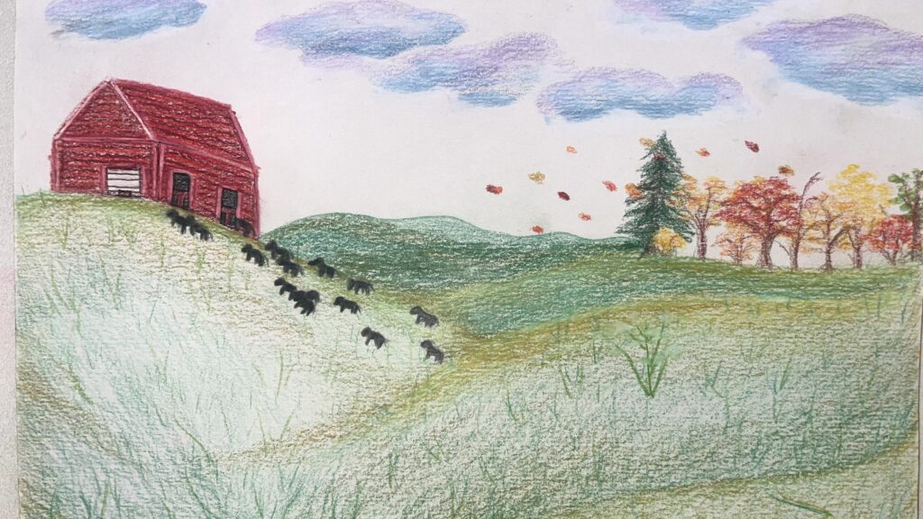 Landscape with barn, cows, and trees with changing colors.