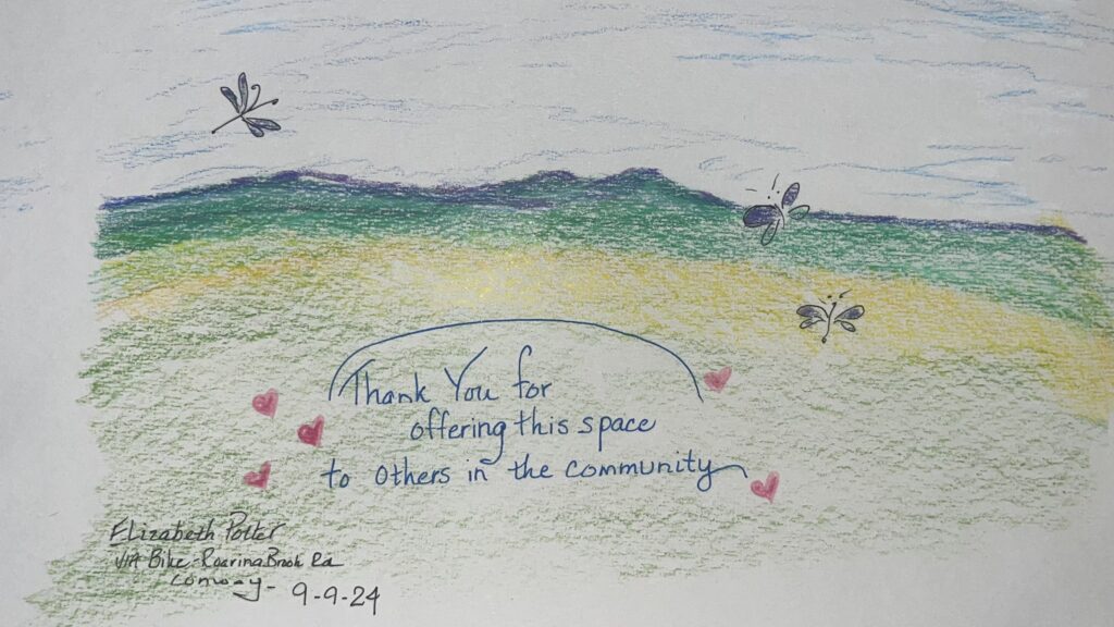 landscape with butterflies. Text reads "Thank you for offering this space to others in the community" and "Elizabeth Porter via Bike Roaring Brook Convoy"