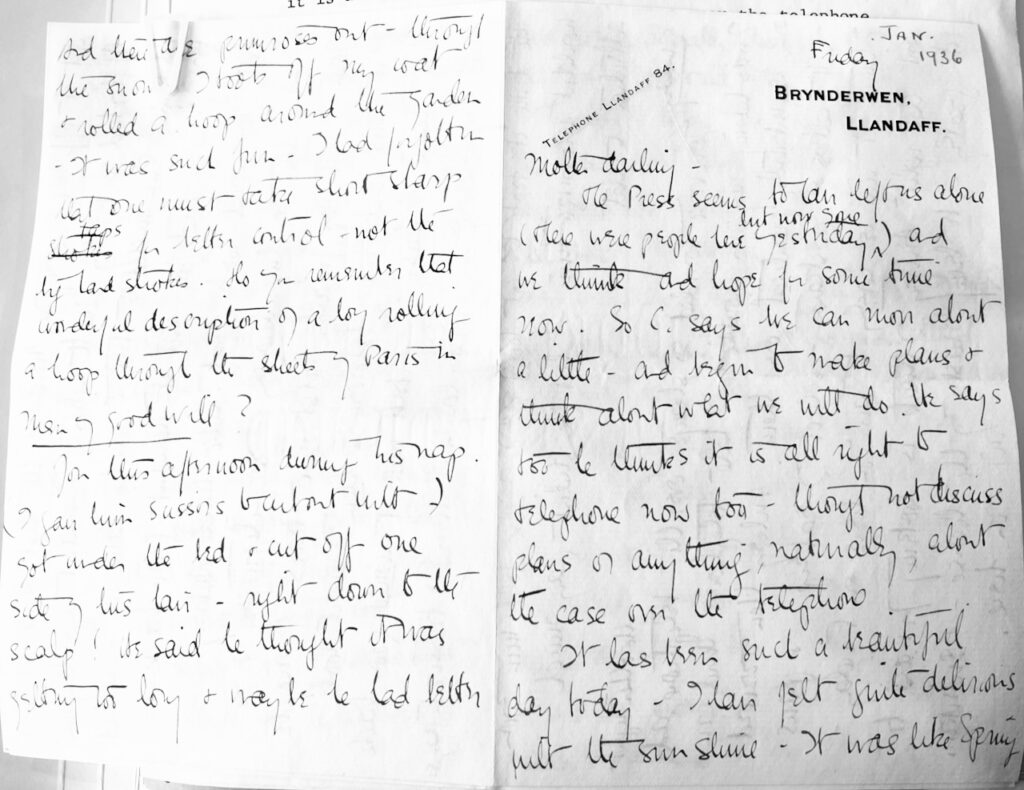 Letter from Anne to her mother it begins: “Mother darling– The press seems to have left us alone (there were people here yesterday but now gone) and we think and hope for some time now. So C. says we can move about a little–and begin to make plans & think about what we will do. He says too he thinks it is all right to telephone you now too–though not discuss plans or anything, naturally, about the case over the telephone.” 