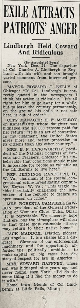 A newspaper clip titled, "Exile Attracts Patriots' Anger: Lindbergh Held Coward and Ridiculous"