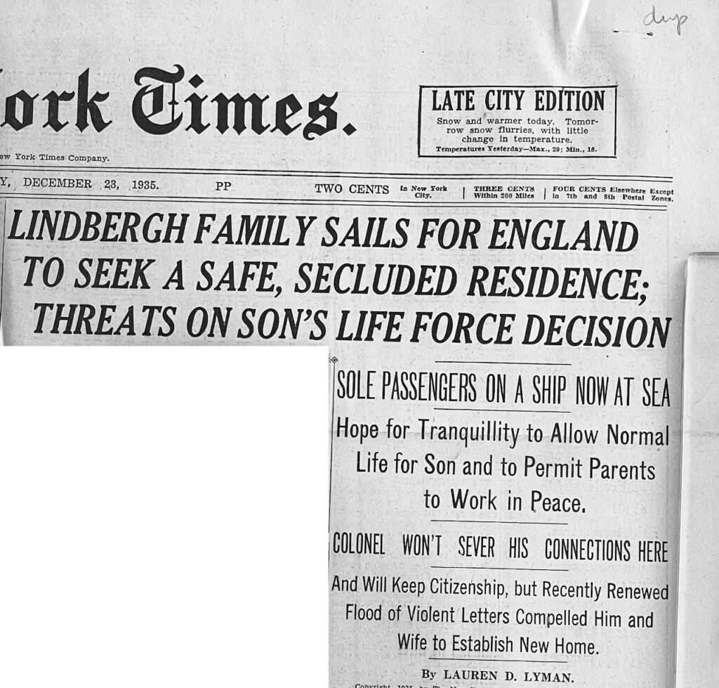 New York Times Cover for December 23 1935, "Lindbergh Family Sails for England to Seek a Safe, Secluded Residence; Threats on Son's Life Force Decision"