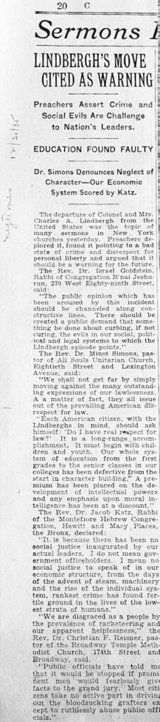 Newspaper Clip: "Linbergh's Move Cited as Warning: Preachers assert Crime and social evils are challenge to nation's leaders" 