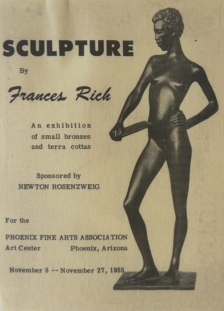 Cover of an exhibition pamphlet titled "Sculpture by Frances Rich" at the Phoenix Fine Arts Association Art Center