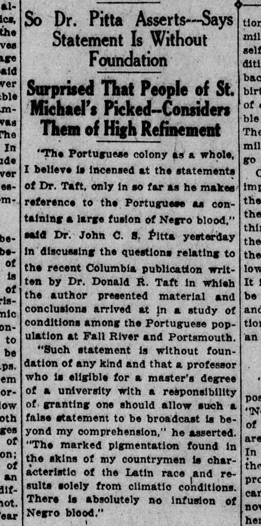 Newspaper article from the New Bedford Sunday Standard of Azorean Americans' responses to Dr. Taft's book.