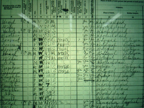 Image of 1920 census record listing Portuguese-Americans in New Bedford. Their race is first listed as "Other" and then corrected with marker(?) to W [White].