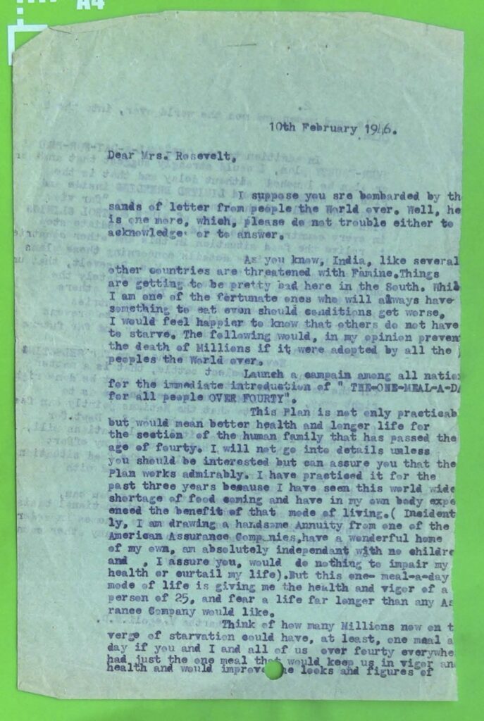 Letter from Martha Voegeli to Eleanor Roosevelt about her "one-meal-a-day" plan and birth control for population control and famine.