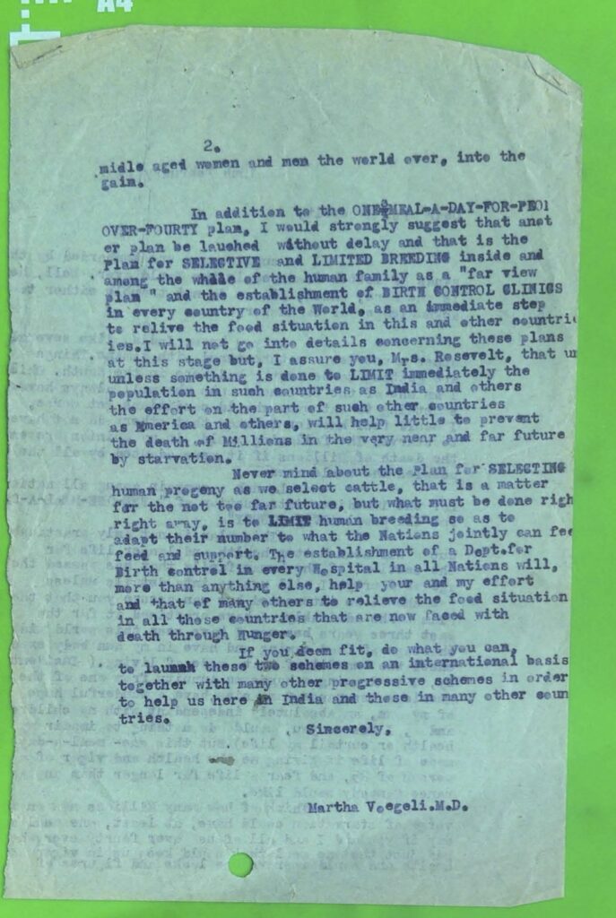 Letter from Martha Voegeli to Eleanor Roosevelt about her "one-meal-a-day" plan and birth control for population control and famine.