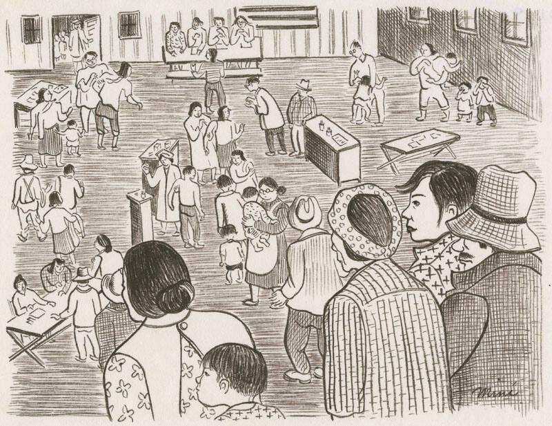 Drawing by Miné Okubo of vaccination administration in the Tanforan Assembly Center medical barrack