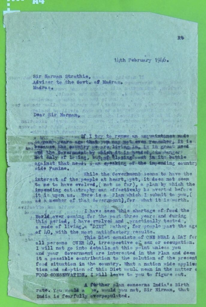 Letter from Martha Voegeli to Sir Norman Strathie about her "one-meal-a-day" plan and birth control for population control and famine.