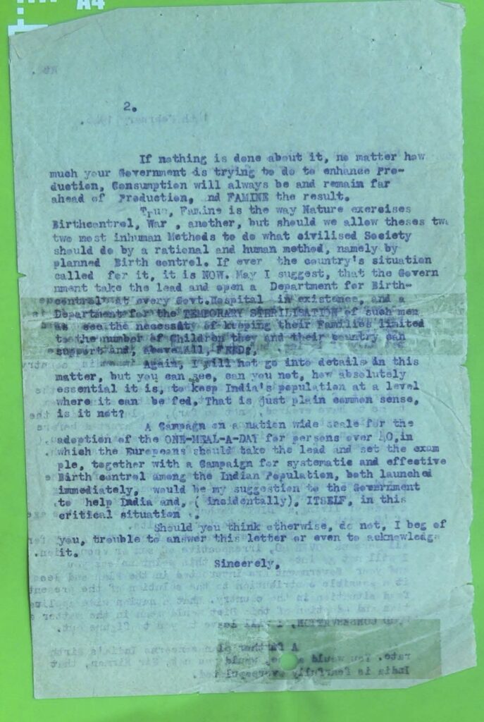 Letter from Martha Voegeli to Sir Norman Strathie about her "one-meal-a-day" plan and birth control for population control and famine.