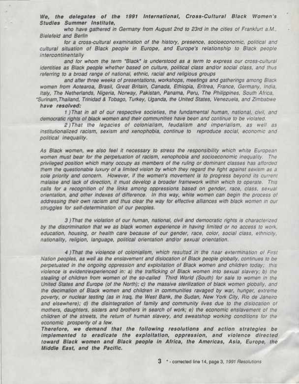 Introduction to action proposal by the Cross Cultural Black Women's Studies Summer Institute.