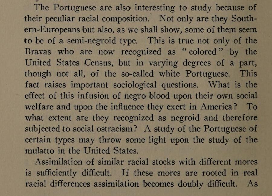 Snapshot of Donald Taft's Two Portuguese Communities in New England, where he first introduces his claim that certain Portuguese people (Azoreans, Medeirans) are not "fully" white.