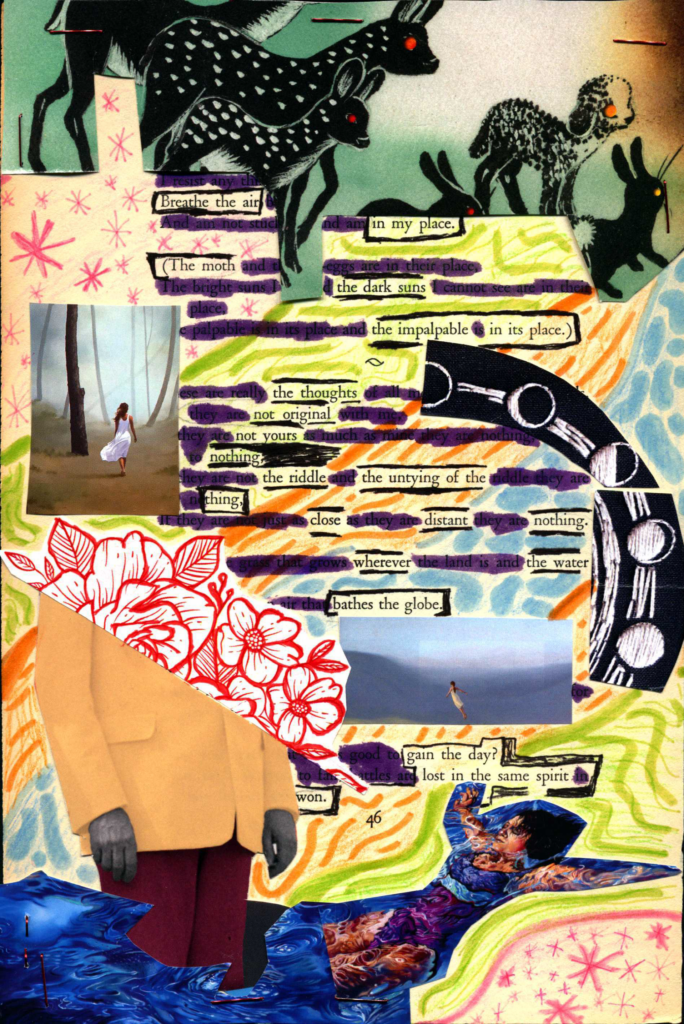 A poem made from a page of Leaves of Grass by Walt Whitman. Words are crossed out in purple. Pink, green, orange, and blue patterns are drawn in the background. Collages of animals, a person floating in water, a person walking through the forest, the lunar cycle, and a person in a suit are pasted on the page.