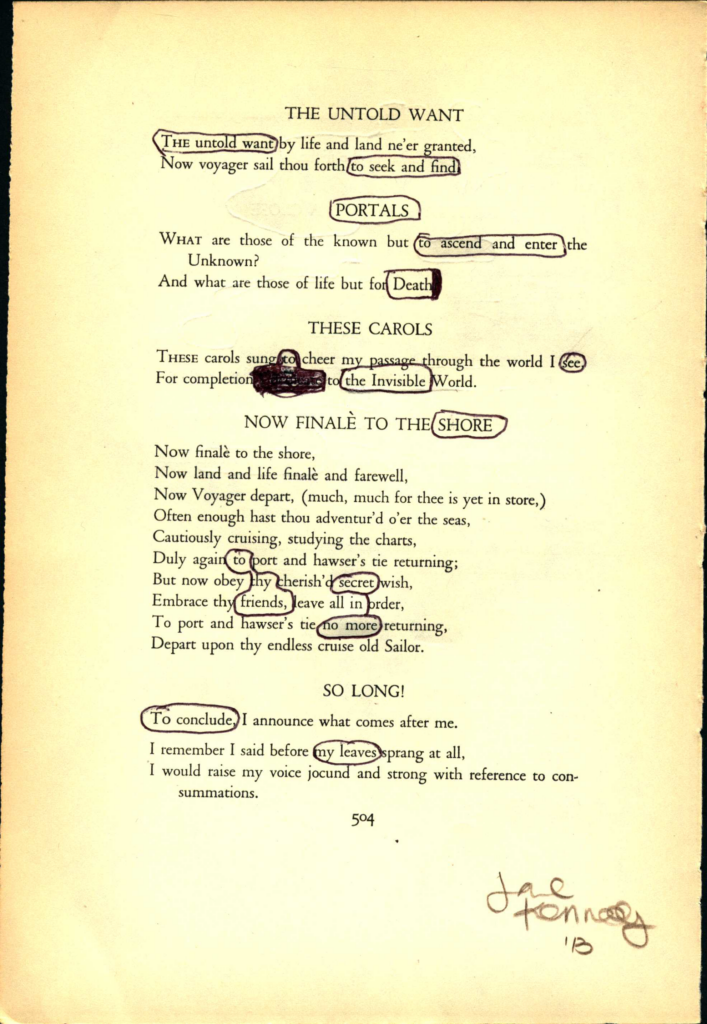 A blackout poem made from a page of Leaves of Grass by Walt Whitman. The words of the poem are circled in black.