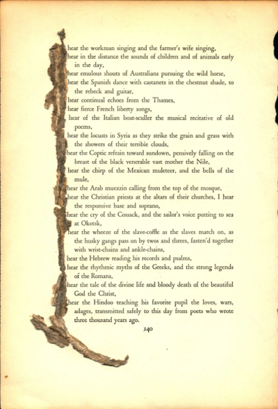 A blackout poem made from page of Leaves of Grass by Walt Whitman. On the left side of the poem, words are blocked by bark-like construction paper.