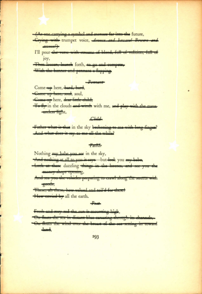 A blackout poem made from a page of Leaves of Grass by Walt Whitman. Words are crossed out in black. Hanging stars are drawn on the poem in white.