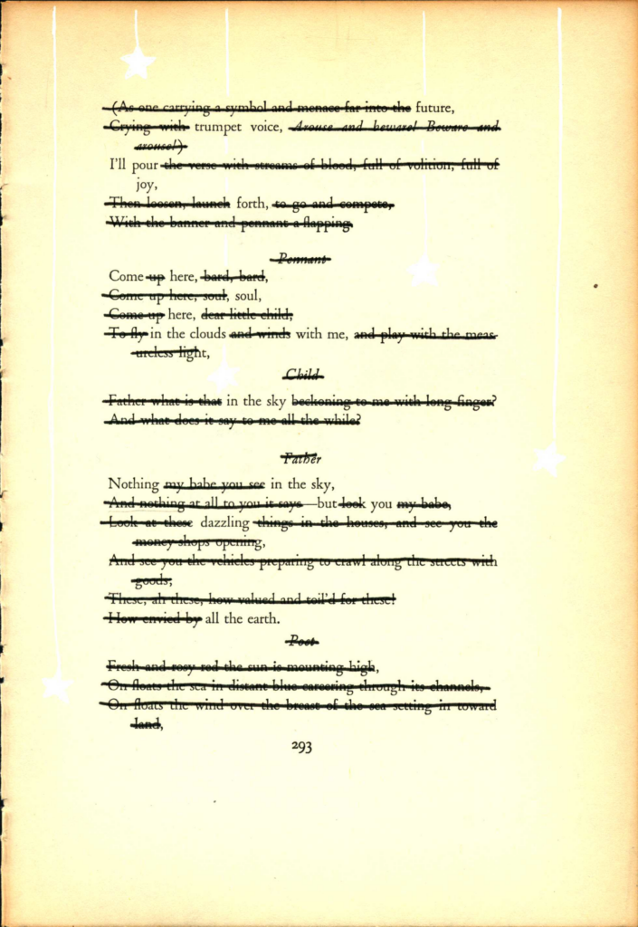 A blackout poem made from a page of Leaves of Grass by Walt Whitman. Words are crossed out in black. Hanging stars are drawn on the poem in white.