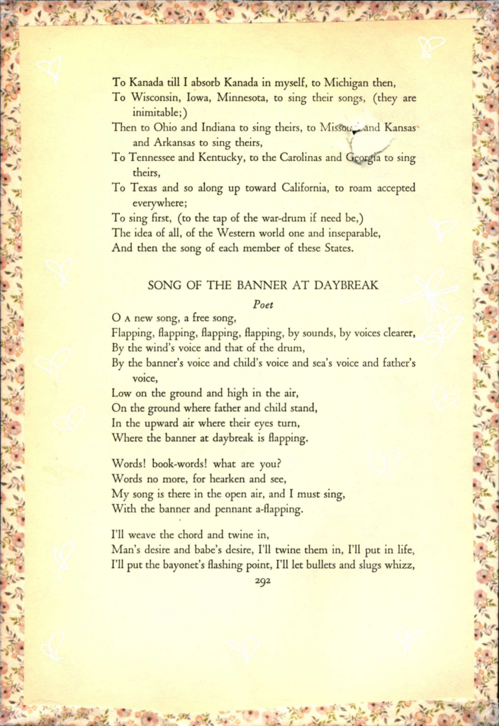 A page of Leaves of Grass by Walt Whitman. White words and doodles are drawn in the margins. The page is framed with floral tape.