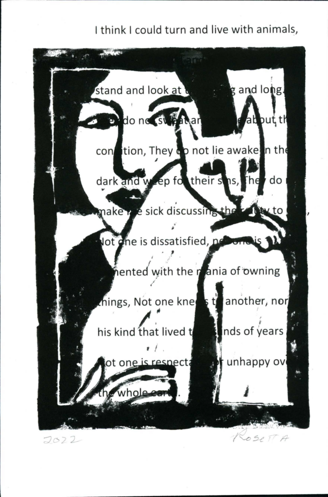 A blackout poem made from a page of Leaves of Grass by Walt Whitman. A feminine person holding a cat is painted over the poem. 