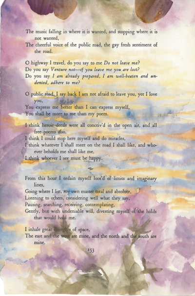 A piece of art made from a page of Leaves of Grass by Walt Whitman. The page is painted in watercolors with a group of purple flowers painted at the bottom. Dried flower petals are glued to the top of the page.