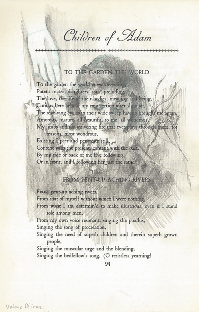 A piece of art made from a page of Leaves of Grass by Walt Whitman. In the center of the page is a human face, drawn in pencil. A hand reaches down towards the face from the top left corner. 