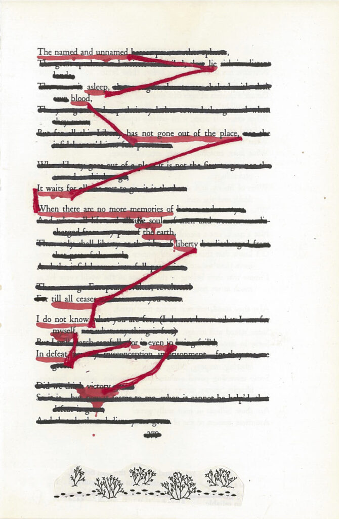 A blackout poem made from a page of Leaves of Grass by Walt Whitman. Lines are crossed out with black marker and the words of the poem are underlined in red and connected with red string. At the bottom is a cutout of several drawings of plants.