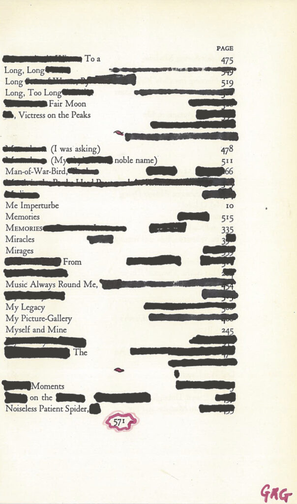 A blackout poem made from a page of Leaves of Grass by Walt Whitman.