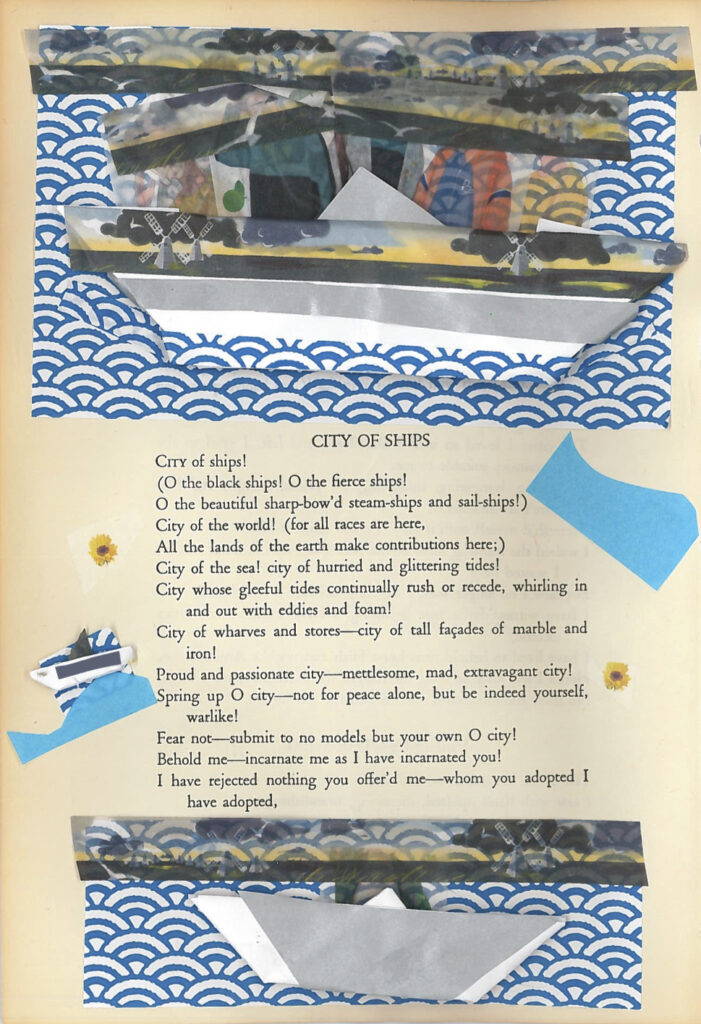 A piece of art made from a page of Leaves of Grass by Walt Whitman. Origami boats and paper with water-like patterns are attached to the page, along with tape printed with sunsets and small flower stickers.