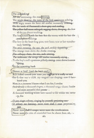 A blackout poem made from a page of Leaves of Grass by Walt Whitman. Lines of the original text are struck through with thread, which has been sewn across the page. The words of the poem are circled, also in thread.