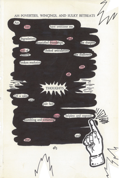 A blackout poem made from a page of Leaves of Grass by Walt Whitman. Triangles are cutout of the right side and bottom of the page. Some words are highlighted in pink. In the bottom right corner, a hand points to the poem.