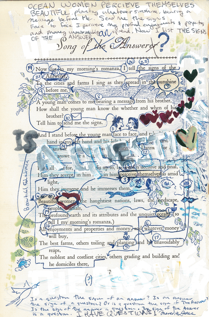 A blackout poem made from a page of Leaves of Grass by Walt Whitman. There is a handwritten note at the top and bottom of the page. The rest of the page is decorated with drawings mostly in blue, with some green and red. Words are also painted across the page. The words used in the poem are circled in blue and numbered, with lines connecting some of them. The poem starts with word number one. 