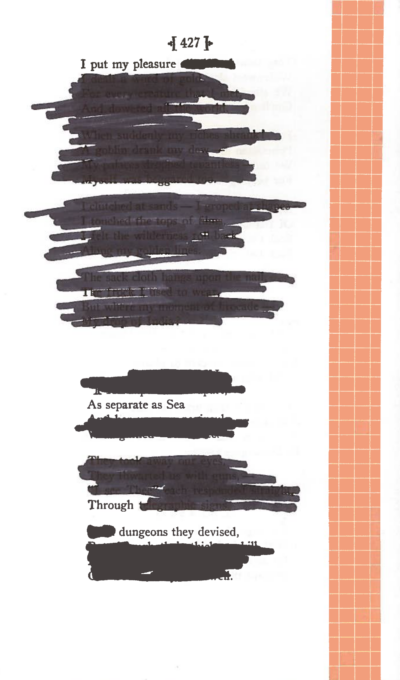 a blackout poem using black ink to obscure words with a tan checkerboard piece of washi tape at the right side of the page