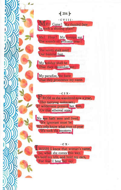 a visual poem with words obscured or underlined with red ink, and strips of washi tape on the side, blue waves then peaches