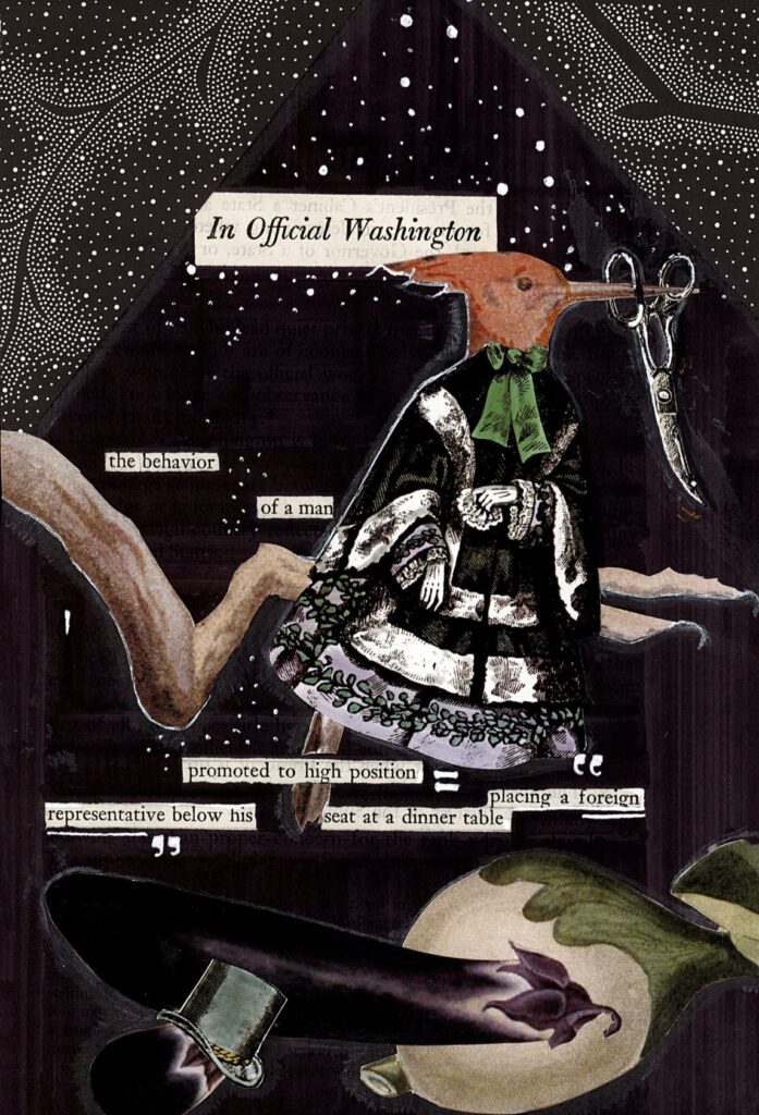 a visual poem with a black background with small white dots like stars or snow with a large red bird wearing a victorian dress with scissors on its beak on a branch. Flying eggplants, one wearing a top hat, are below.