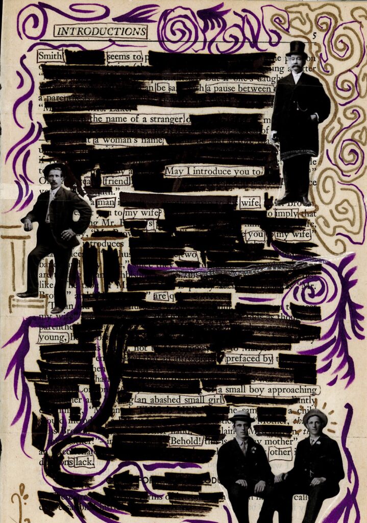 The page has the text blacked out in thick marker and the margins have spirals in purple and gold marker on them. Four cut-out pictures of men, assumable from a long time ago because of their dress and the way the photographs are black and white, are also on the page.