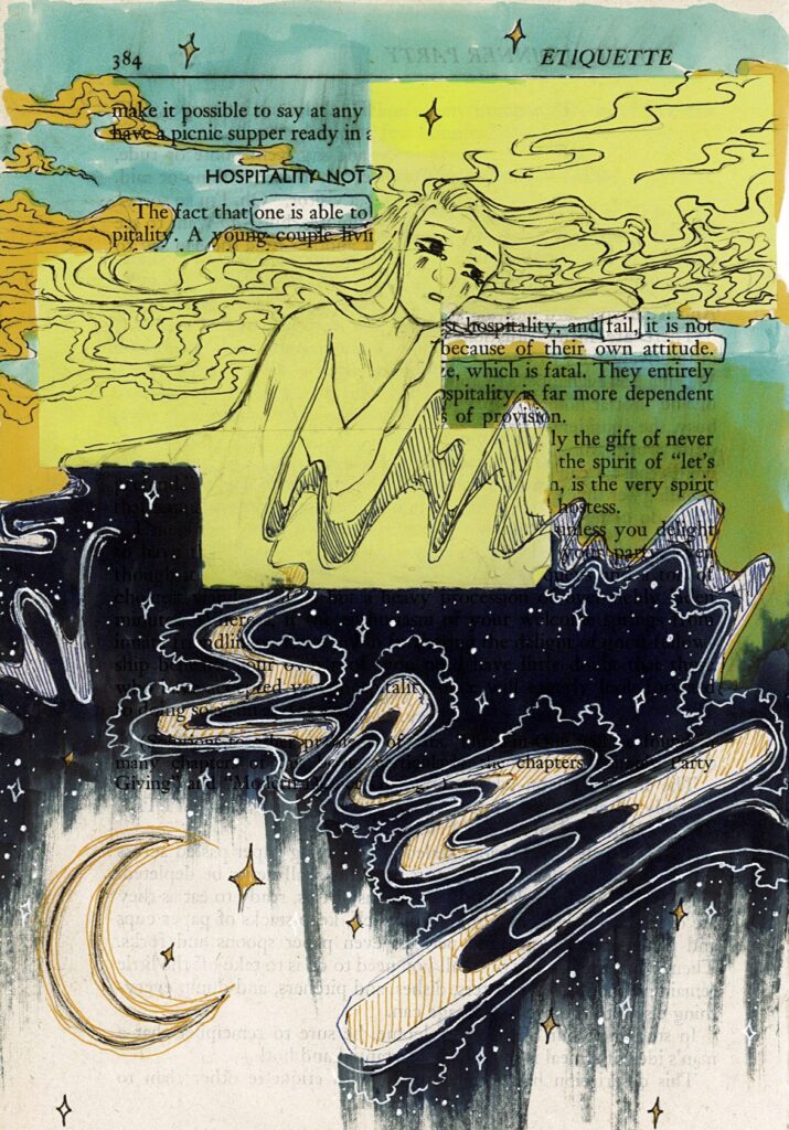 The page is colored over with yellows greens and blues, sometimes obscuring the text entirely and sometimes not. On the lower half of the page there is a drawing of a galaxy or night sky, and on the upper half there is a woman figure who's hair flows and connects to the sky, resting her head on her hand.