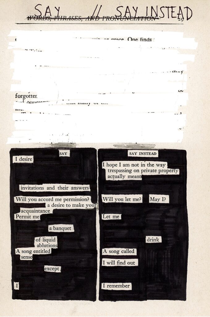 The text on the top of the page is white-ed out and the two columns of text on the bottom of the page are blacked out with black marker, leaving the words of the poem visible. The title is handwritten.