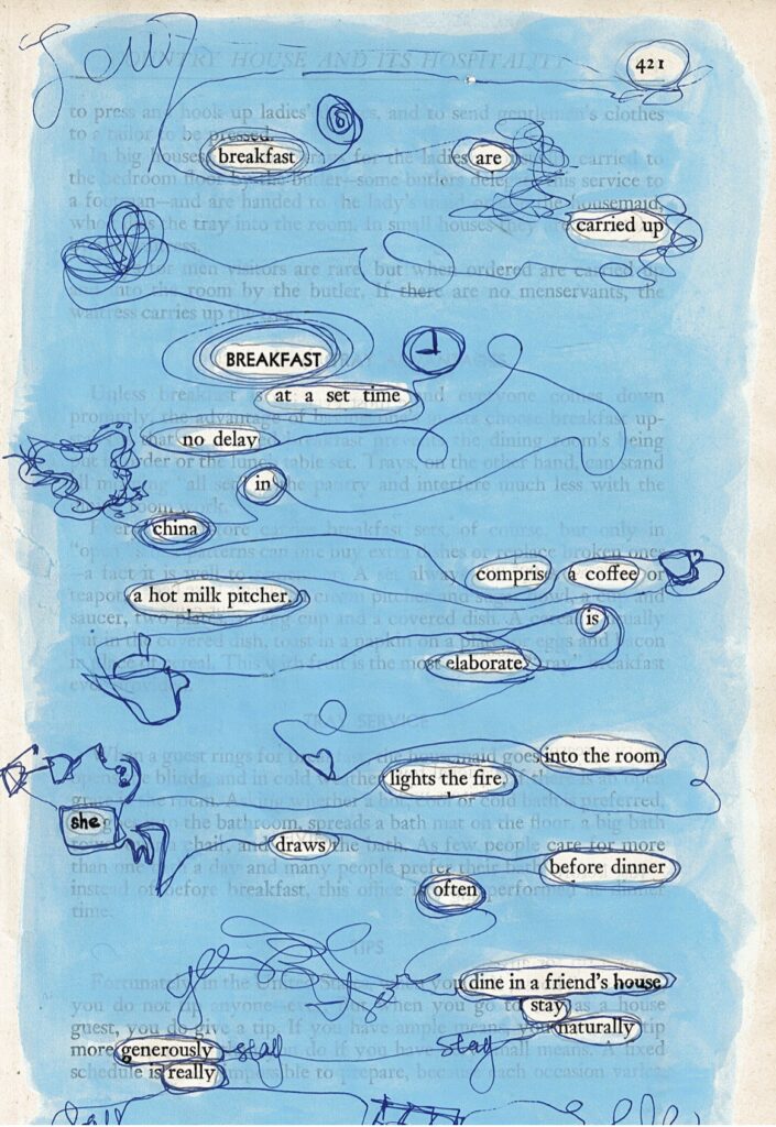 A piece of blackout poetry where the page is covered in light blue and dark blue pen draws lines and small drawings between the words, sometimes adding words to the words printed on the page. 