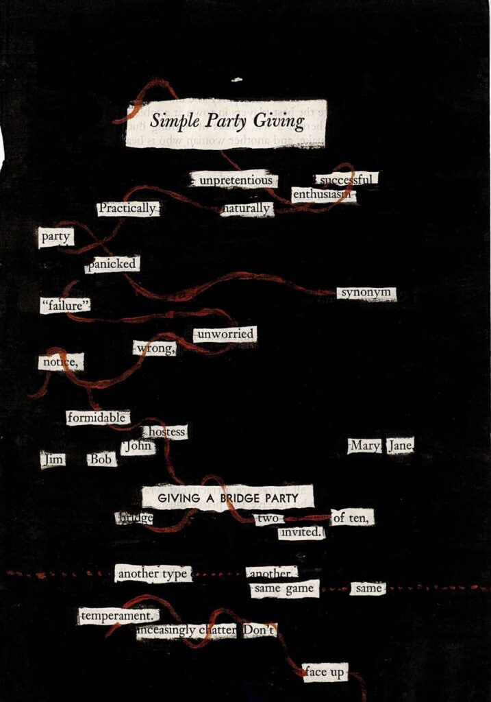 The page is entirely blacked out except for the words of the poem, with a thin red line running around the words and connecting them in a flow-y fashion. 