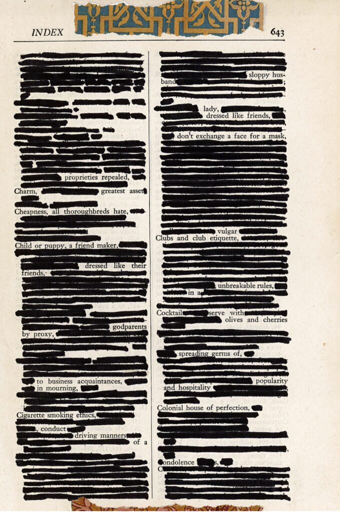 The text is blacked out with thin black marker, and at the top and bottom of the page are two piece of patterned tape.