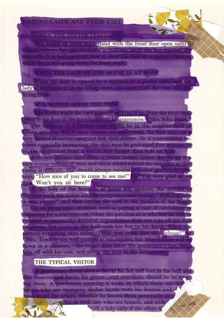 The words are blacked out with purple marker, and there are piece of tape with lemons and a grid on them in the right top corner and both the bottom corners.