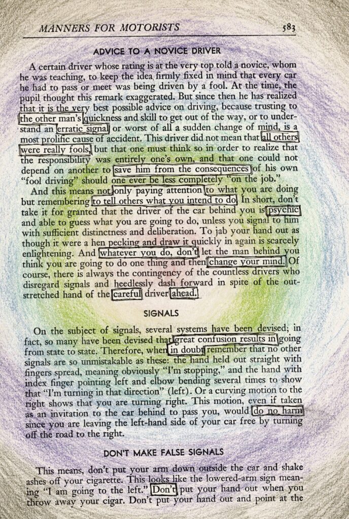 A piece of blackout poetry with graduated circles of colored pencil lightly obscuring the words, with the words of the poem in black rectangles. 