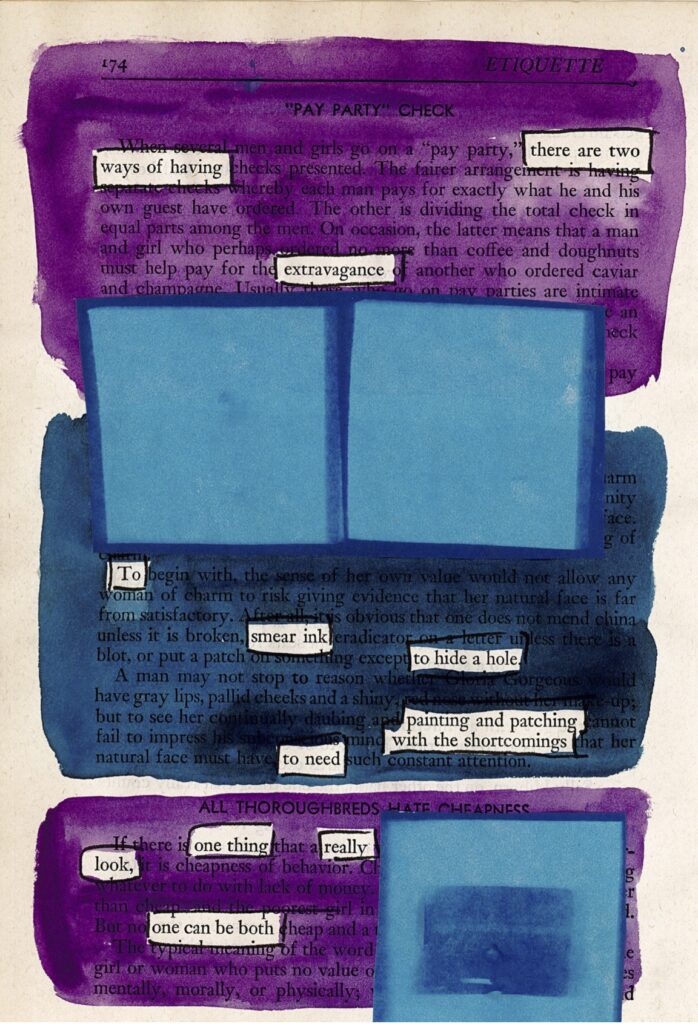 The page is covered with large purple and blue water-color blocks with two light blue solid squares in the center and one in the lower right corner. The words of the poem are left clear of color.