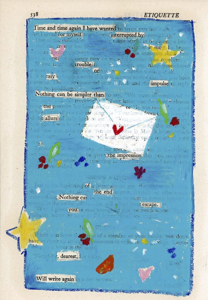 A piece of blackout poetry where the page is covered with chalk, with images of a letter, stars, and other colorful things on a blue background.