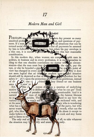 a work of blackout poetry with most text still visible. black marker decoration is used alongside a image of a man on a deer.