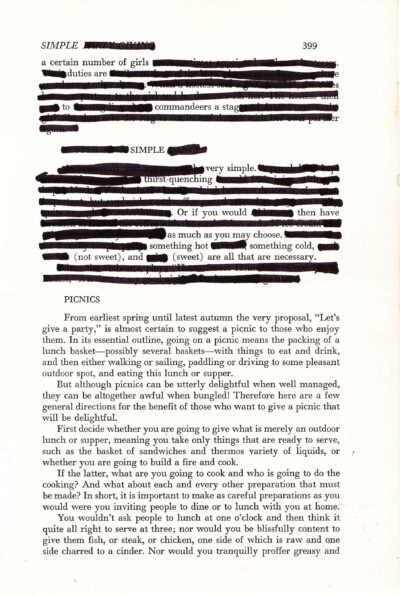 Page from a book showing text with sections blacked out, leaving select words visible. The visible text reads: A Certain Number SIMPLE a certain number of girls duties are to commandeers a stag SIMPLE very simple. thirst-quenching Or if you would then have as much as you may choose. something hot something cold, (not sweet), and (sweet) are all that are necessary.