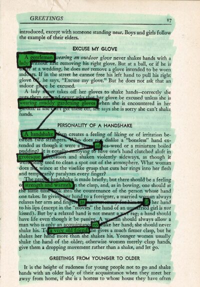 A textbook page titled "Greetings" containing highlighted text about etiquette, focusing on when to shake hands and various cultural approaches to handshakes in different social contexts. The highlighted text reads: A GENTLEMAN LADY A gentleman lady wearing muddy gardening gloves A handshake of grotesque strength and warmth as if to a very old friend