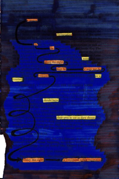 This image shows a page of text with a dark blue background, resembling a blackout poetry project. Most of the text is obscured, with select words and phrases highlighted in yellow or orange. A curving black line connects some of the highlighted words. The overall effect creates a contrast between the deep blue background and the illuminated text fragments, giving the impression of a night sky with occasional bright spots.