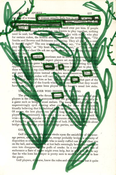 The image shows a page from a book about games and sports, with green hand-drawn plant-like shapes overlaid on the text. Some phrases are highlighted or circled in green, while others are crossed out. The green illustrations resemble leaves, stems, and abstract floral designs, creating a nature-inspired artistic effect over the printed page.